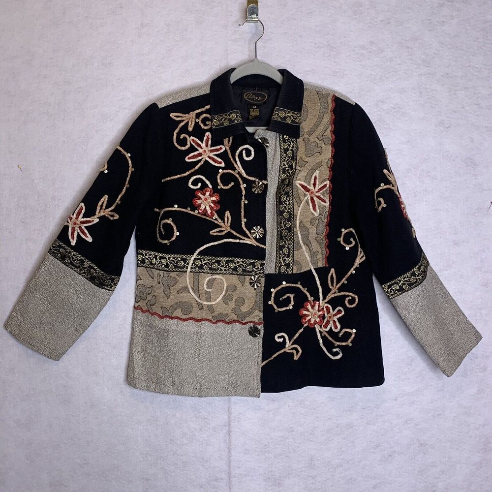 Alex Kim‎ Coat Womens Medium Embroidery Sequin Shoulder Pads Color Block Vintage